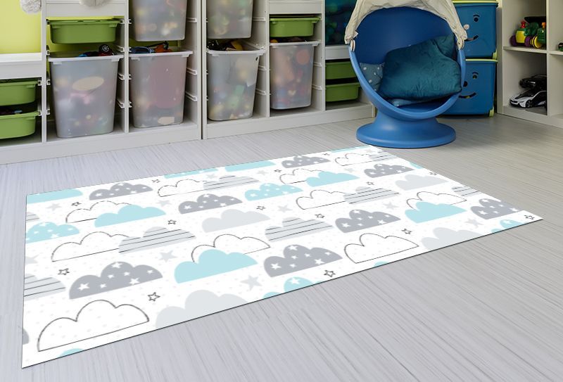 Alfombra Vinílica Infantil - Diseño de Nubes color Azul y Gris
